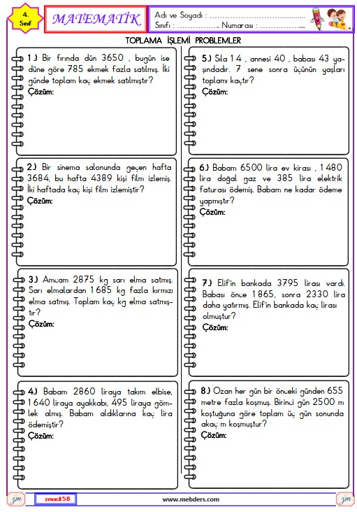 4. Sınıf Matematik Toplama İşlemi Problemleri Etkinliği 1