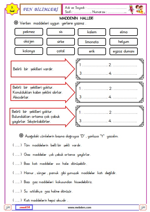 3. Sınıf Fen Bilimleri Maddenin Halleri Etkinliği 3