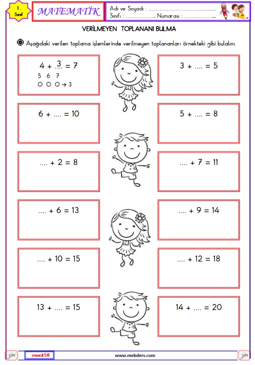 1. Sınıf Matematik Verilmeyen Toplananı Bulma Etkinliği 13