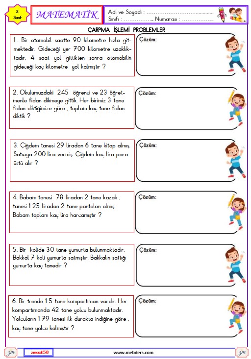 3. Sınıf Matematik Çarpma İşlemi Problemleri Etkinliği 2