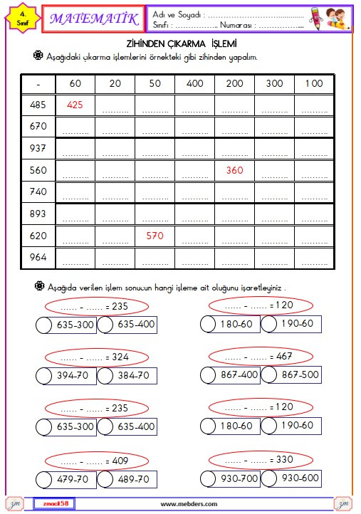 3. Sınıf Matematik Çıkarma İşlemi Etkinliği 4