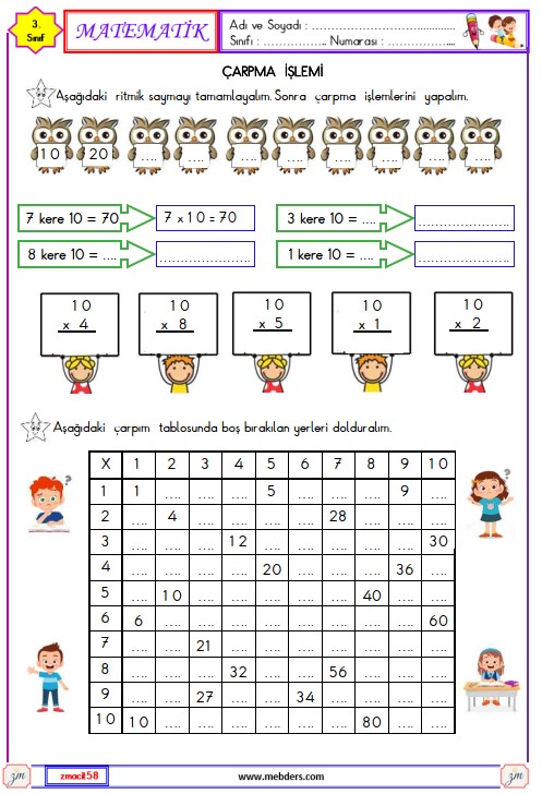 3. Sınıf Matematik Çarpma İşlemi Etkinliği 10