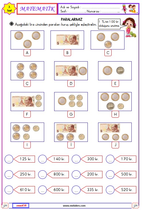 3. Sınıf Matematik Paralarımız Etkinliği 5