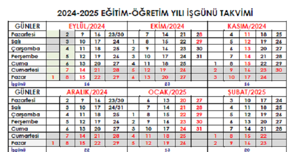 2024-2025 İş Günü Takvimi