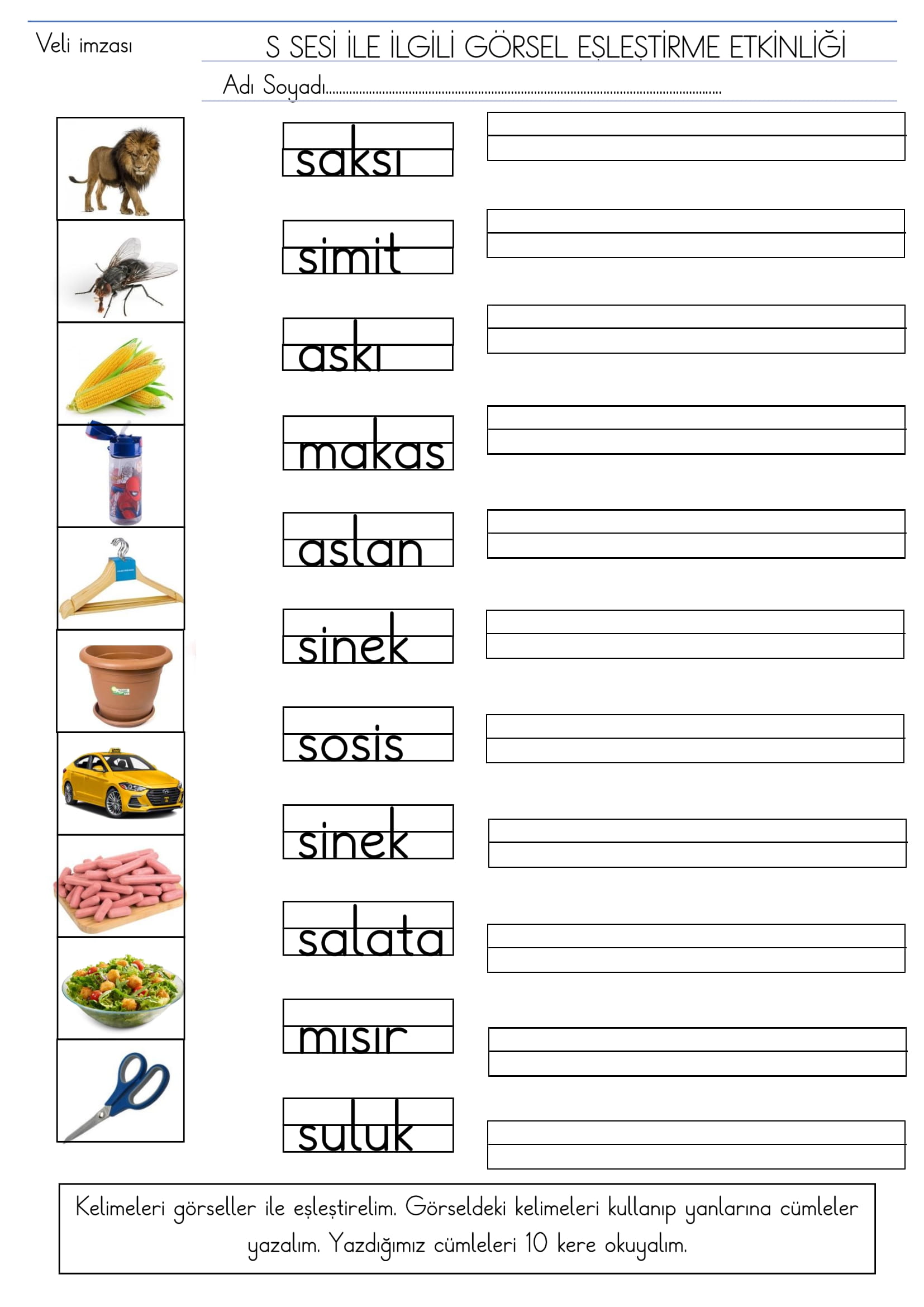 1.Sınıf S sesi Görsel Eşleştirme Etkinliği