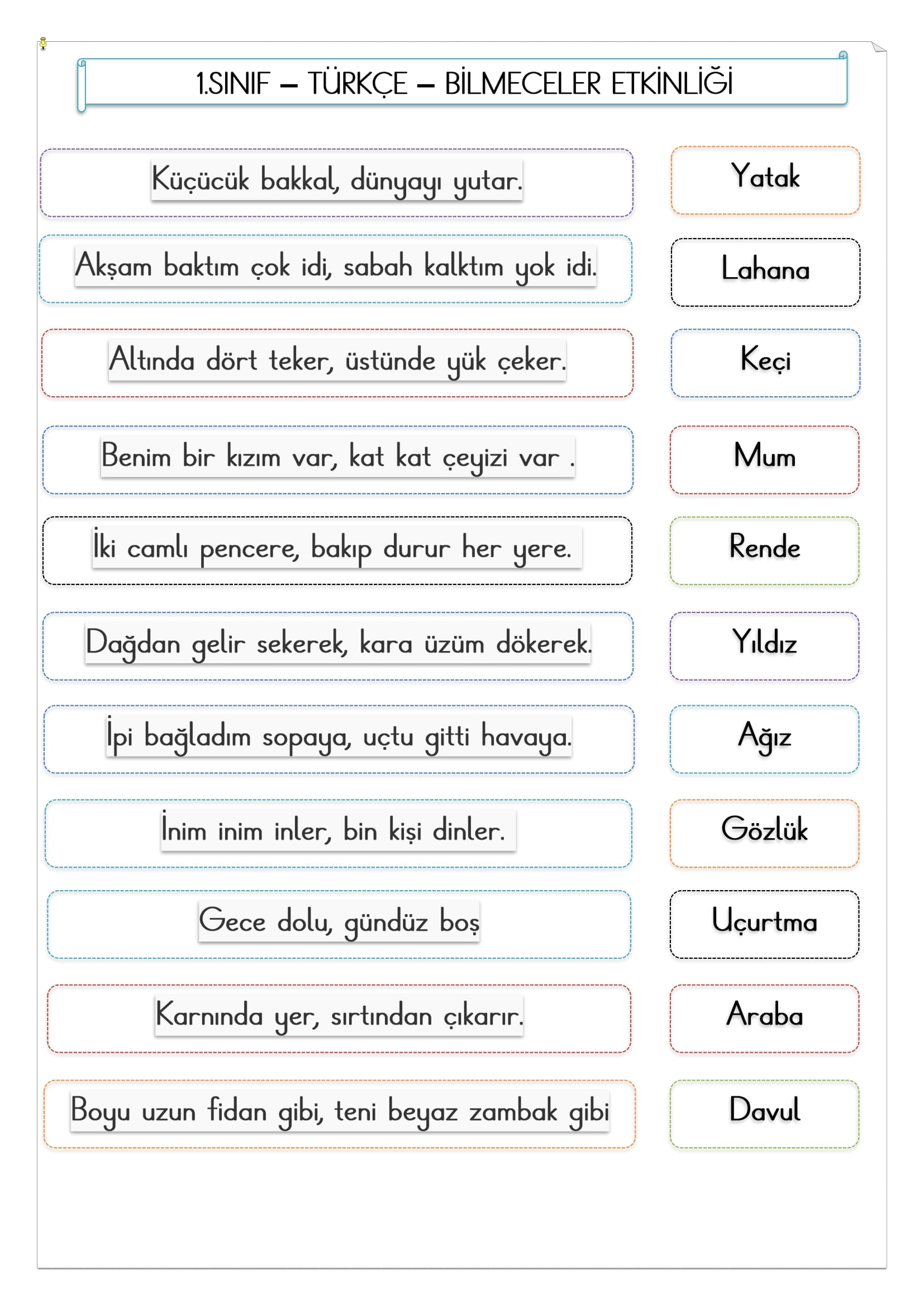 1.Sınıf - Türkçe - Bilmeceler Etkinliği