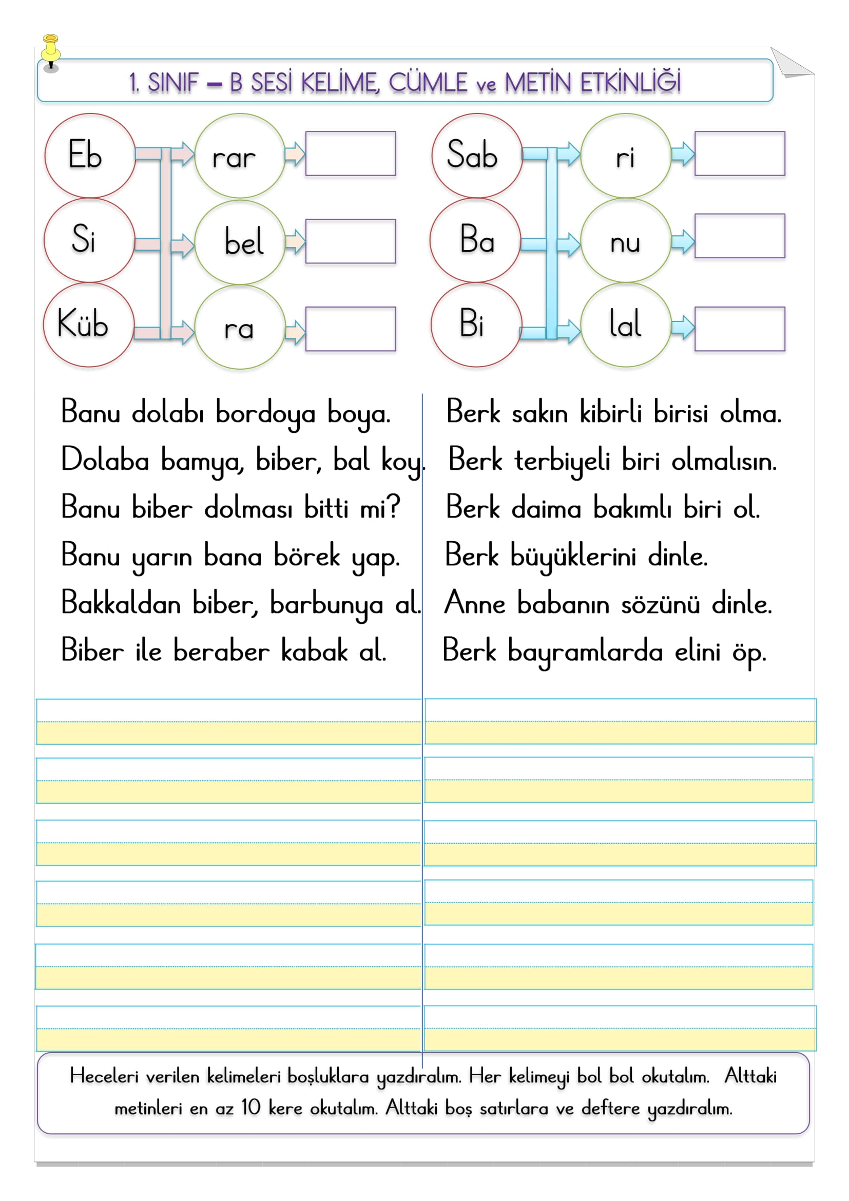 1.Sınıf İlk Okuma Yazma B Sesi Kelime, Cümle Ve Metin Etkinliği