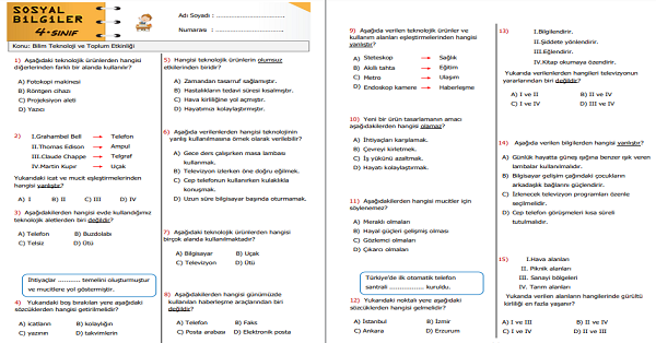 4.Sınıf Sosyal Bilgiler Zaman İçinde Teknoloji Ünite Değerlendirme Etkinliği 2