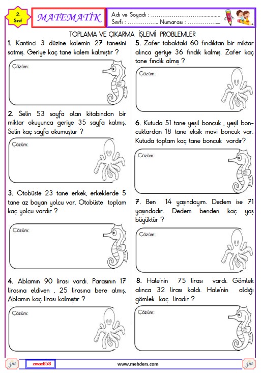 2. Sınıf Matematik Toplama ve Çıkarma İşlemi Problemleri Etkinliği 3