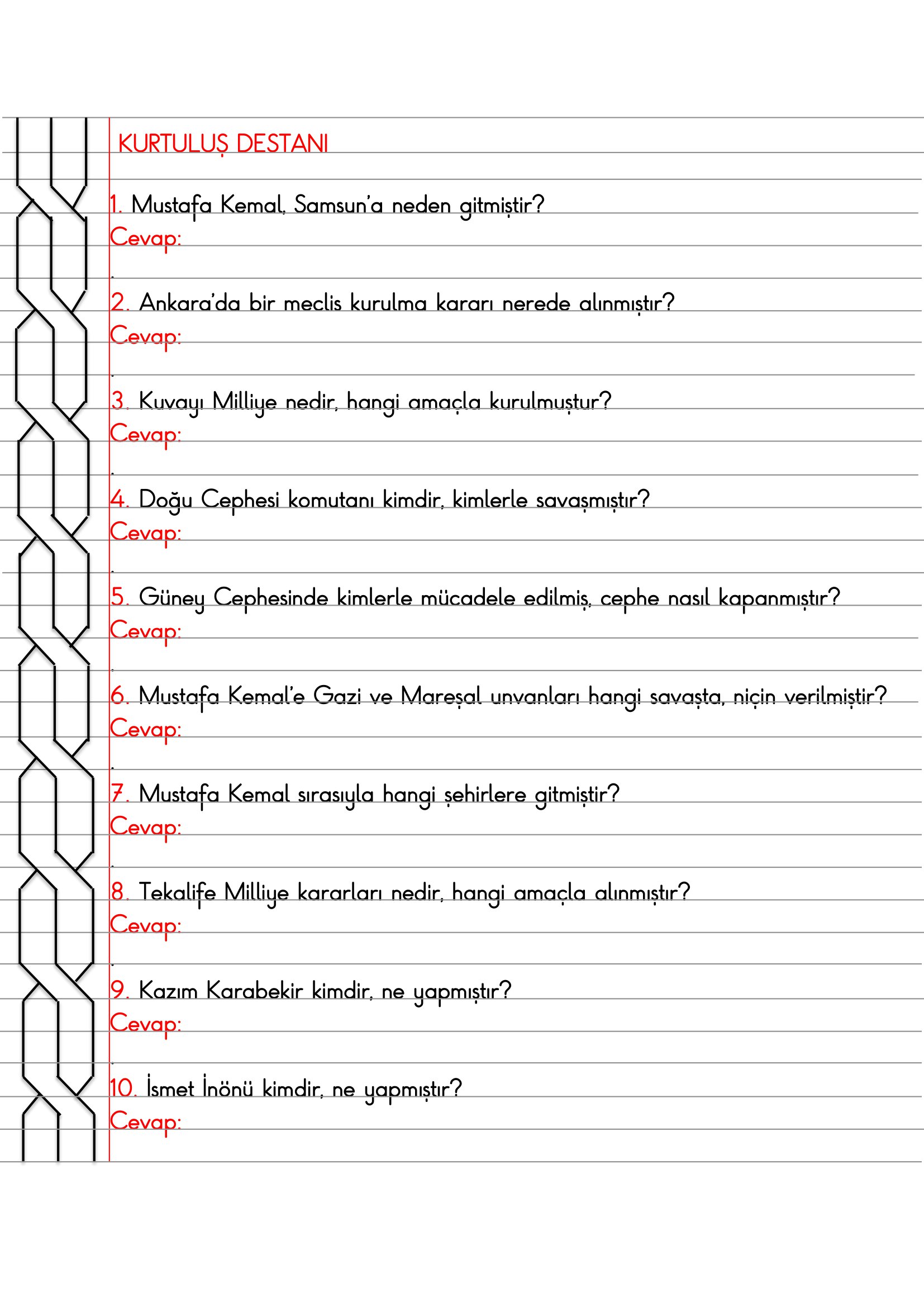 4.Sınıf - Sosyal Bilgiler - Kurtuluş Destanı Açık Uçlu Sorular