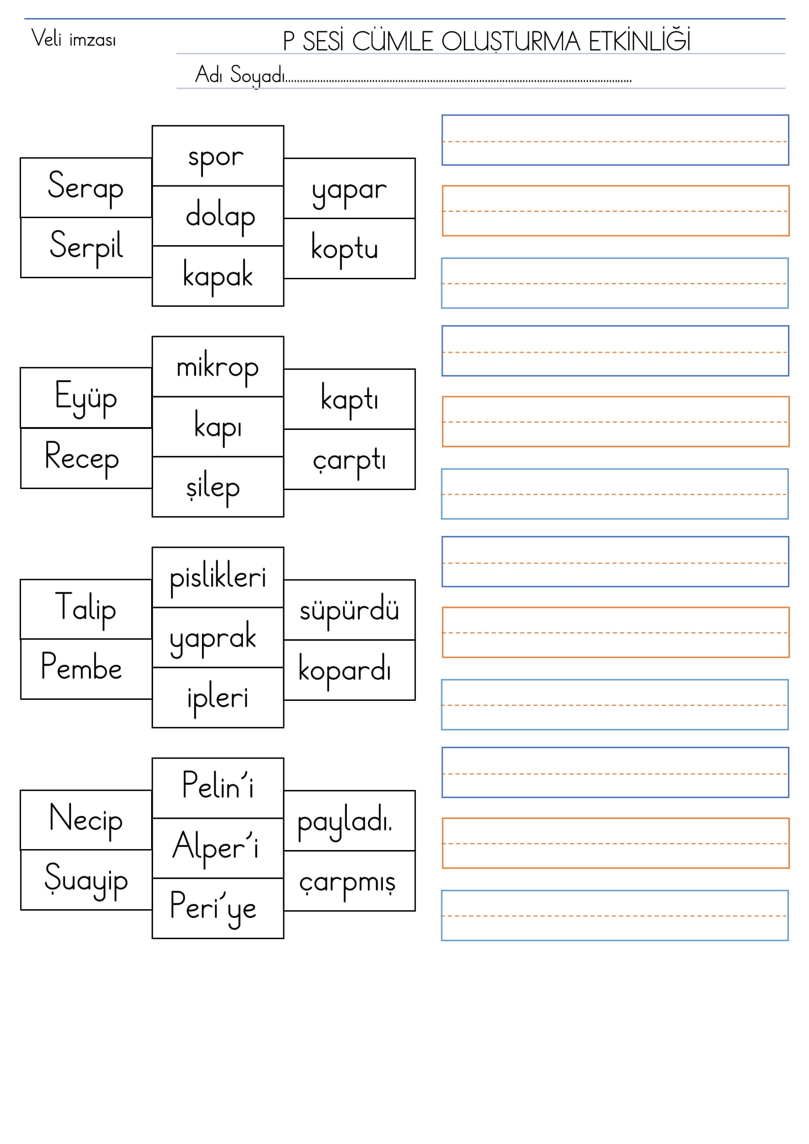 1. Sınıf P Sesi Cümle Oluşturma Etkinliği