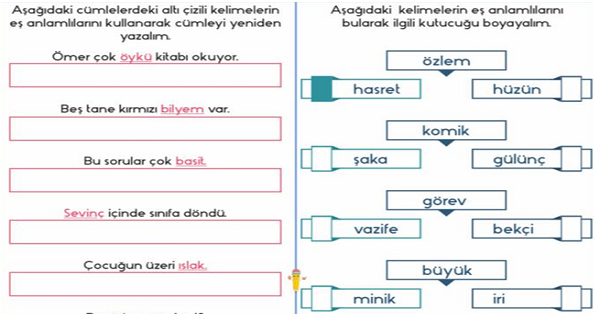 3.Sınıf  Türkçe Eş Anlamlı Kelimeler Etkinliği
