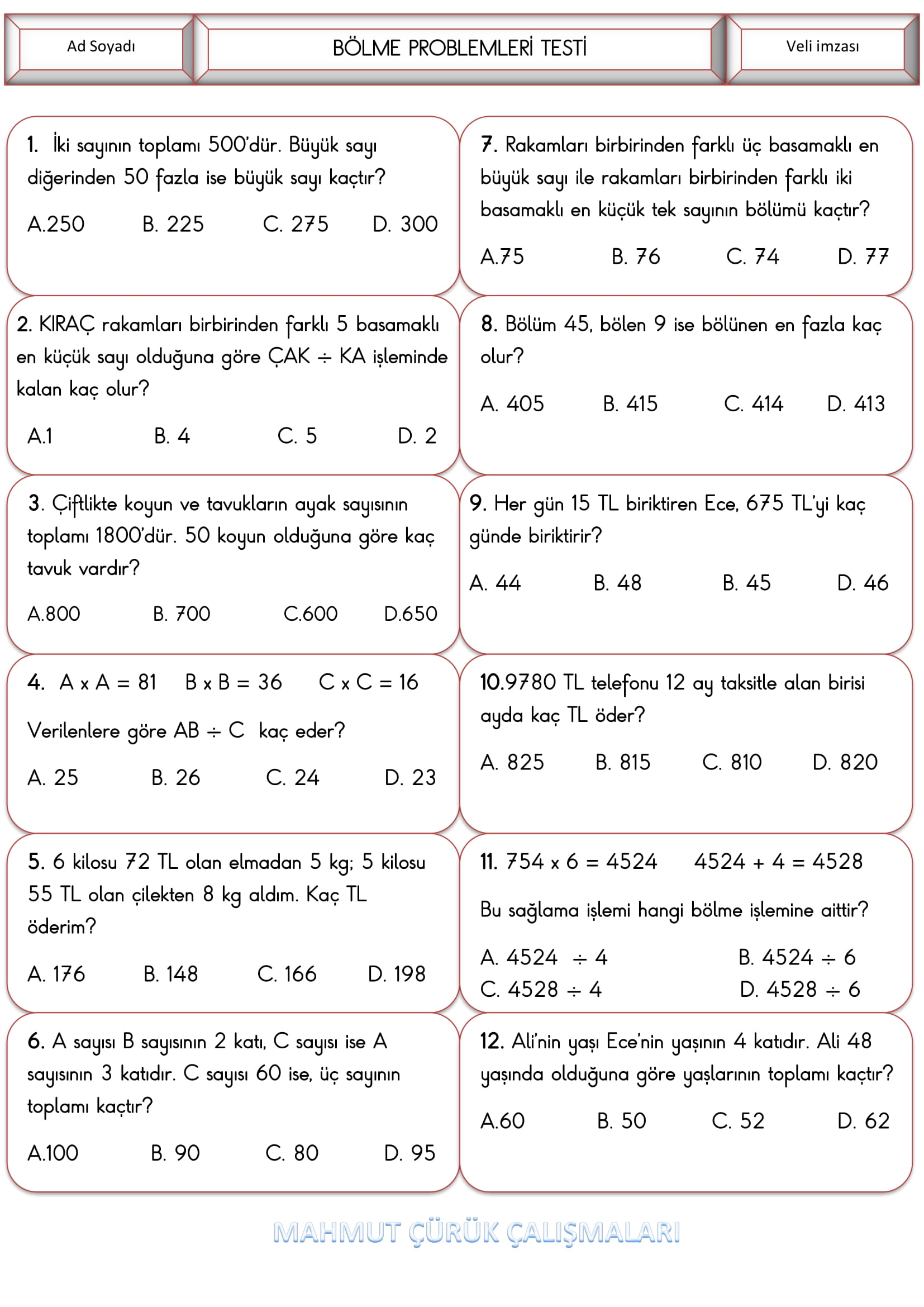 4.Sınıf - Matematik Bölme Problemleri Testi