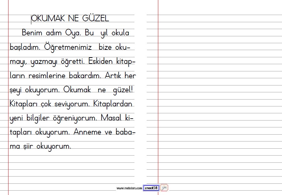 1. Sınıf Türkçe Çizgili Deftere Yazma  Etkinliği 1