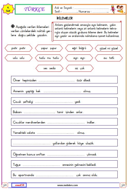 4. Sınıf Türkçe İkileme Etkinliği 1