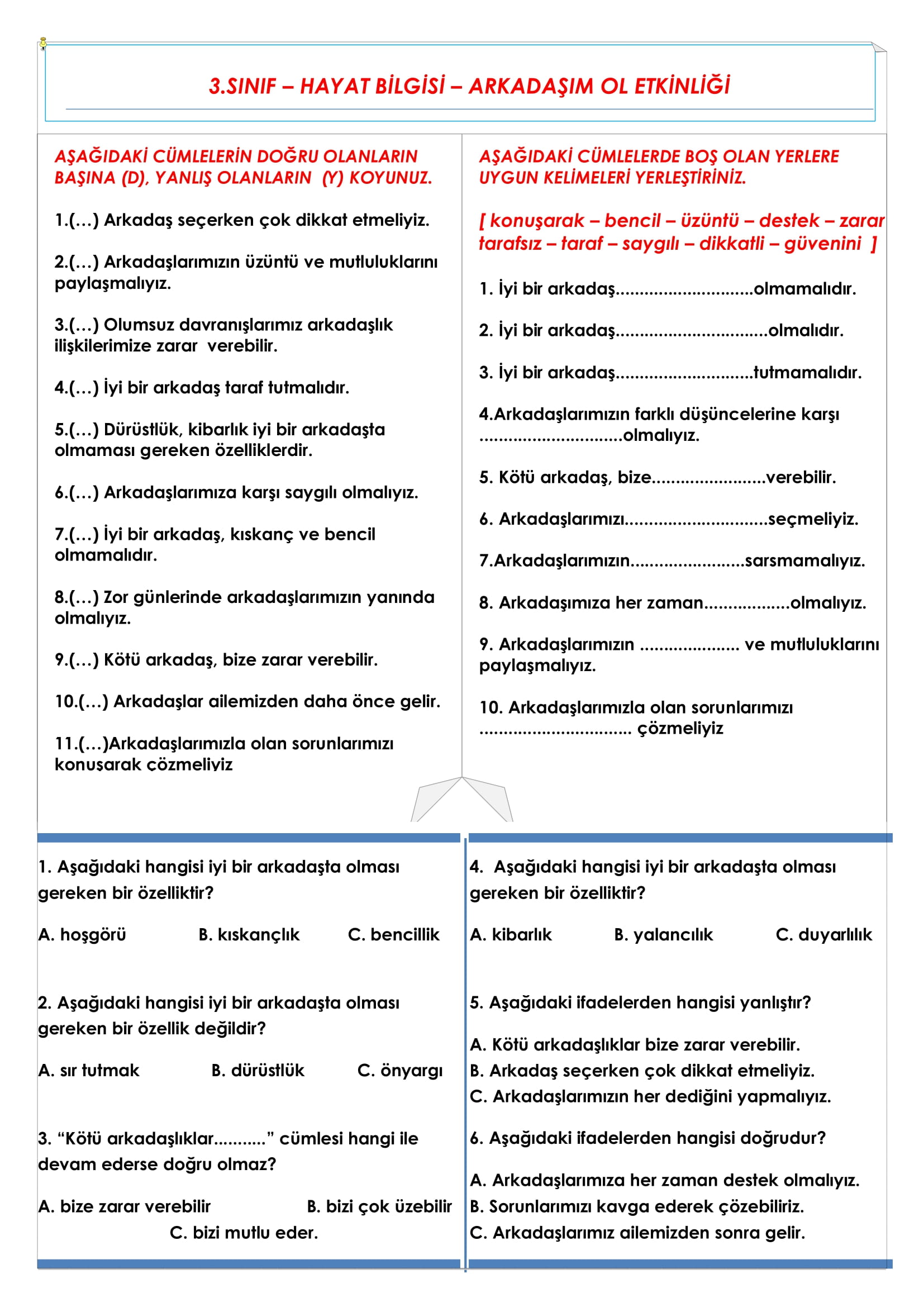 3.Sınıf - Hayat Bilgisi Arkadaşım Ol Etkinliği