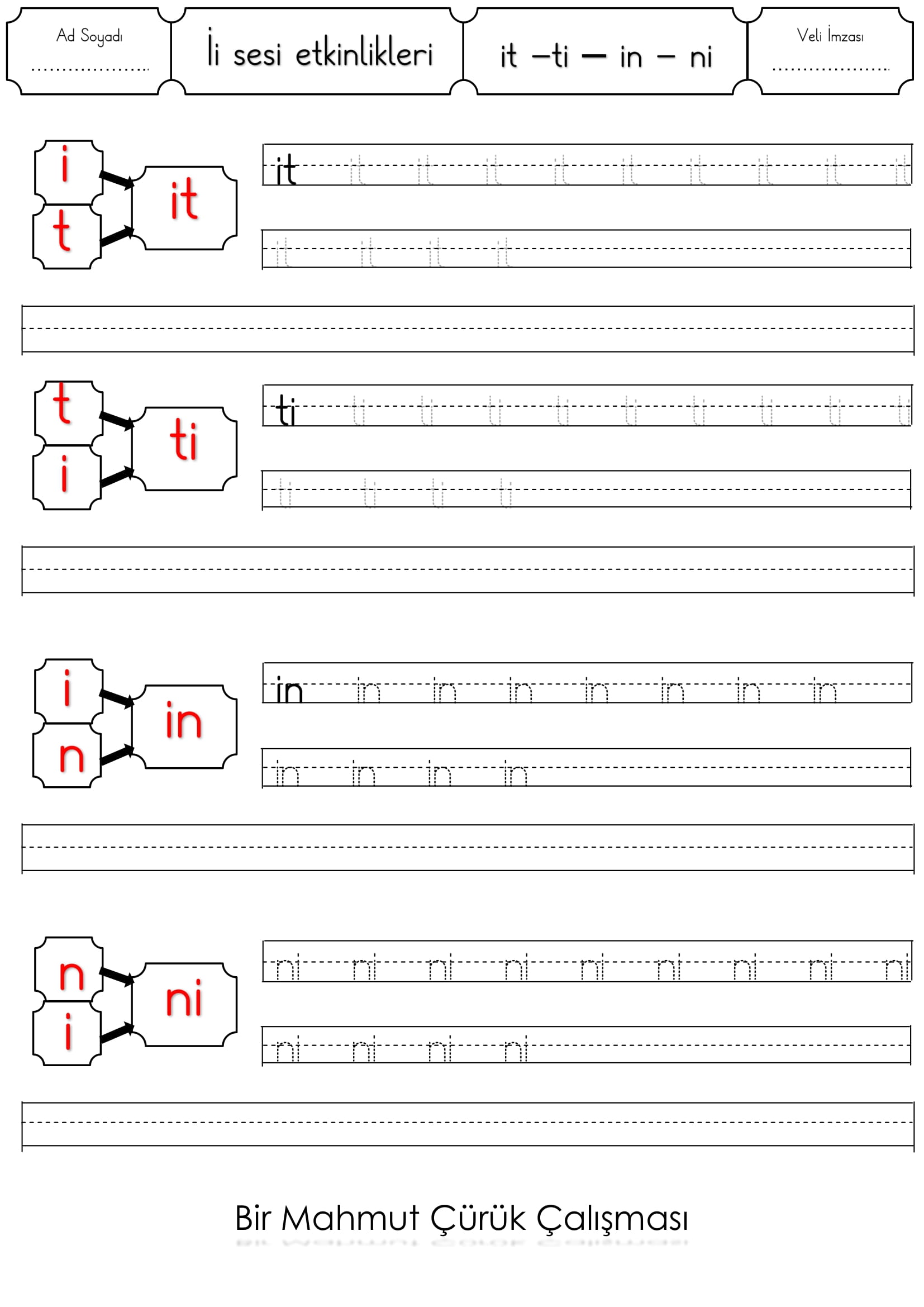 1.Sınıf İlk Okuma Yazma İ-i Sesi it - ti - in - ni etkinliği