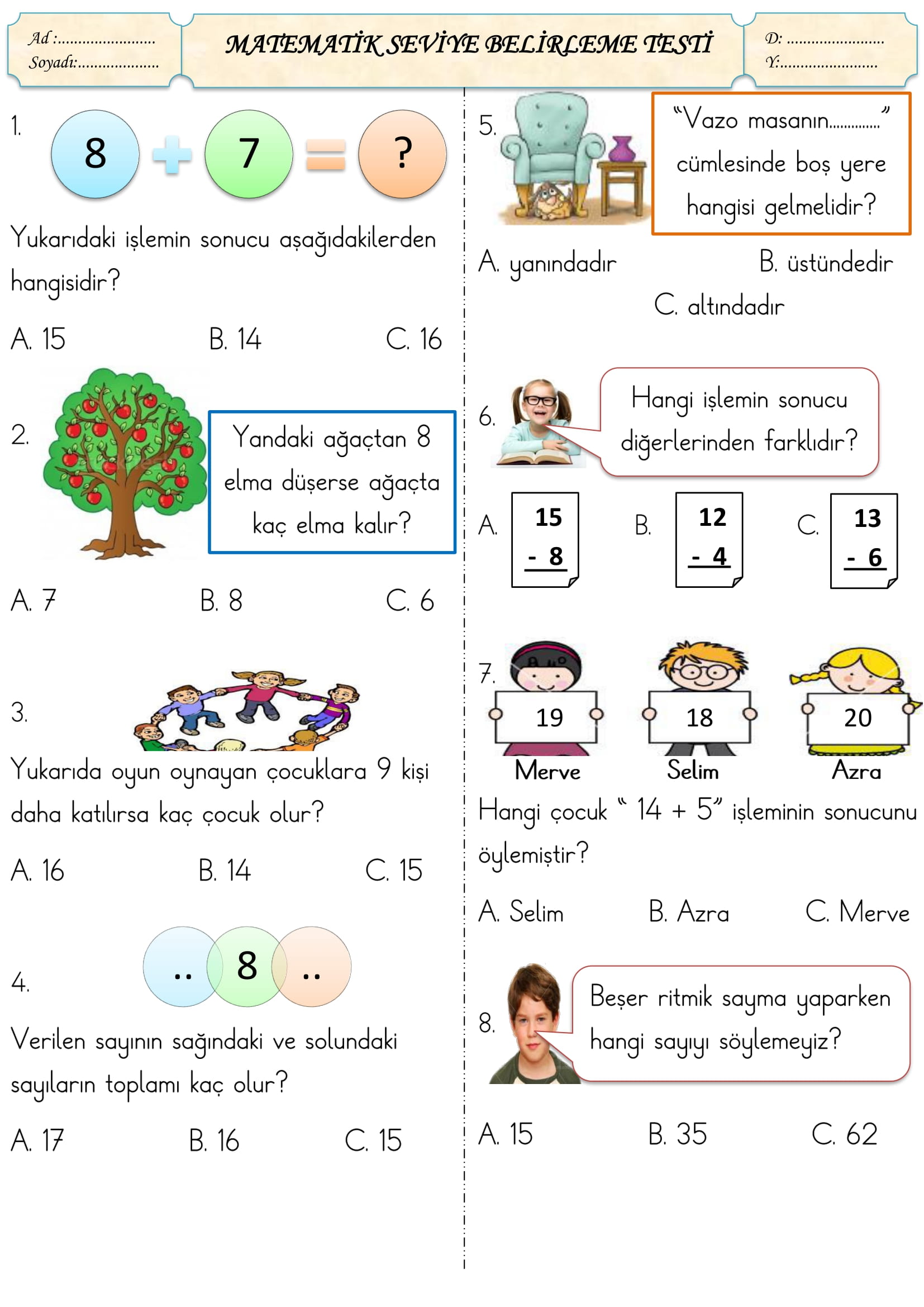 1.Sınıf Matematik Seviye Belirleme Testi-1