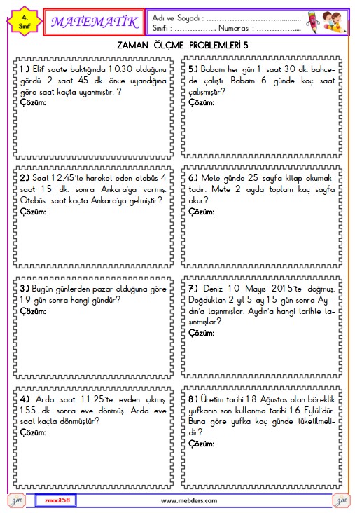 4. Sınıf Matematik Zaman Ölçme Problemleri Etkinliği 16