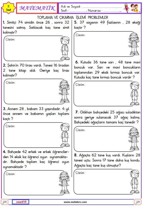 2. Sınıf Matematik Toplama ve Çıkarma İşlemleri Problemleri Etkinliği 8