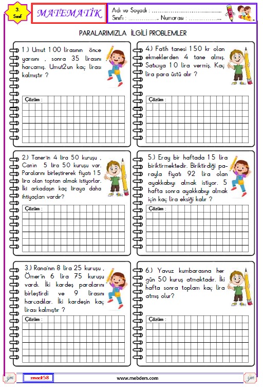 3. Sınıf Matematik Paralarımızla İlgili Problemler Etkinliği 6