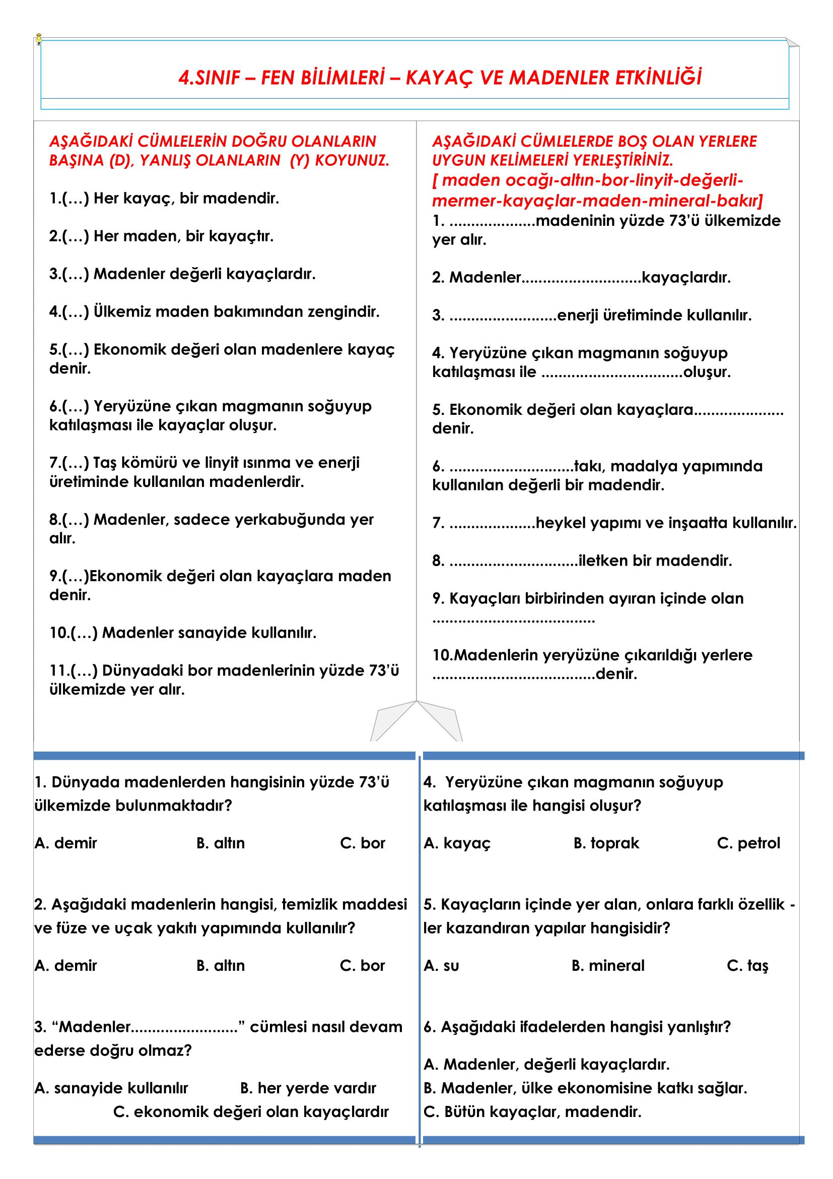 4.Sınıf Fen Bilimleri Yerkabuğunun Yapısı - Kayaç Etkinliği