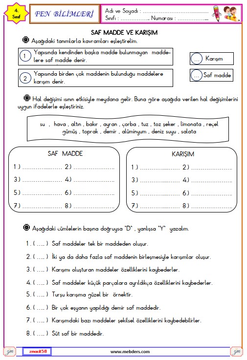 4. Sınıf Fen Bilimleri Madde ve Karışım Etkinliği 5