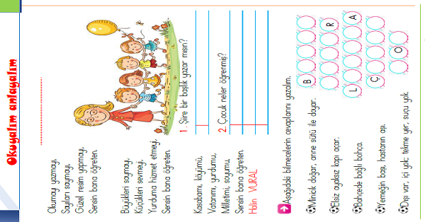 1.Sınıf Türkçe Okuyalım-Anlayalım-Cevaplayalım (Öğretmenim) Şiiri