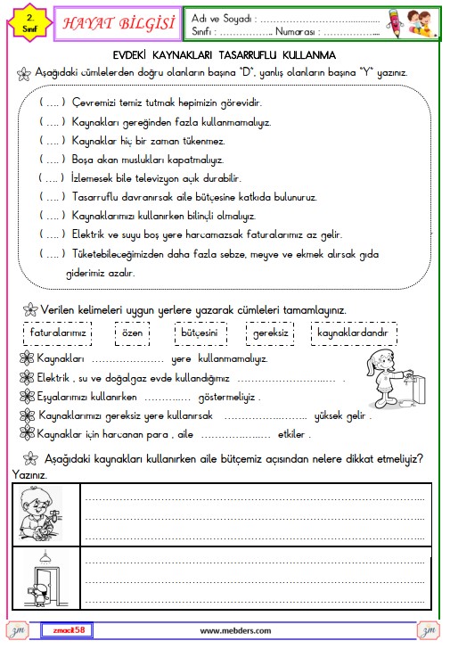 2. Sınıf Hayat Bilgisi Evdeki Kaynakları Tasarruflu Kullanma Etkinliği