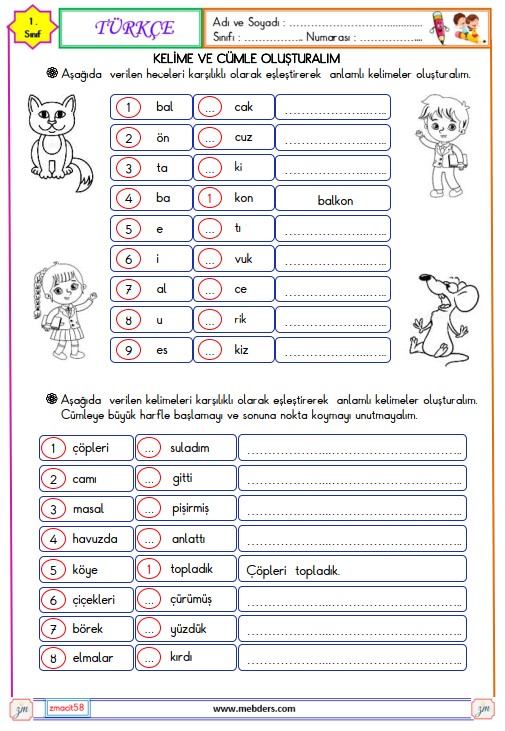 1. Sınıf Türkçe Kelime ve Cümle Oluşturma Etkinliği 10