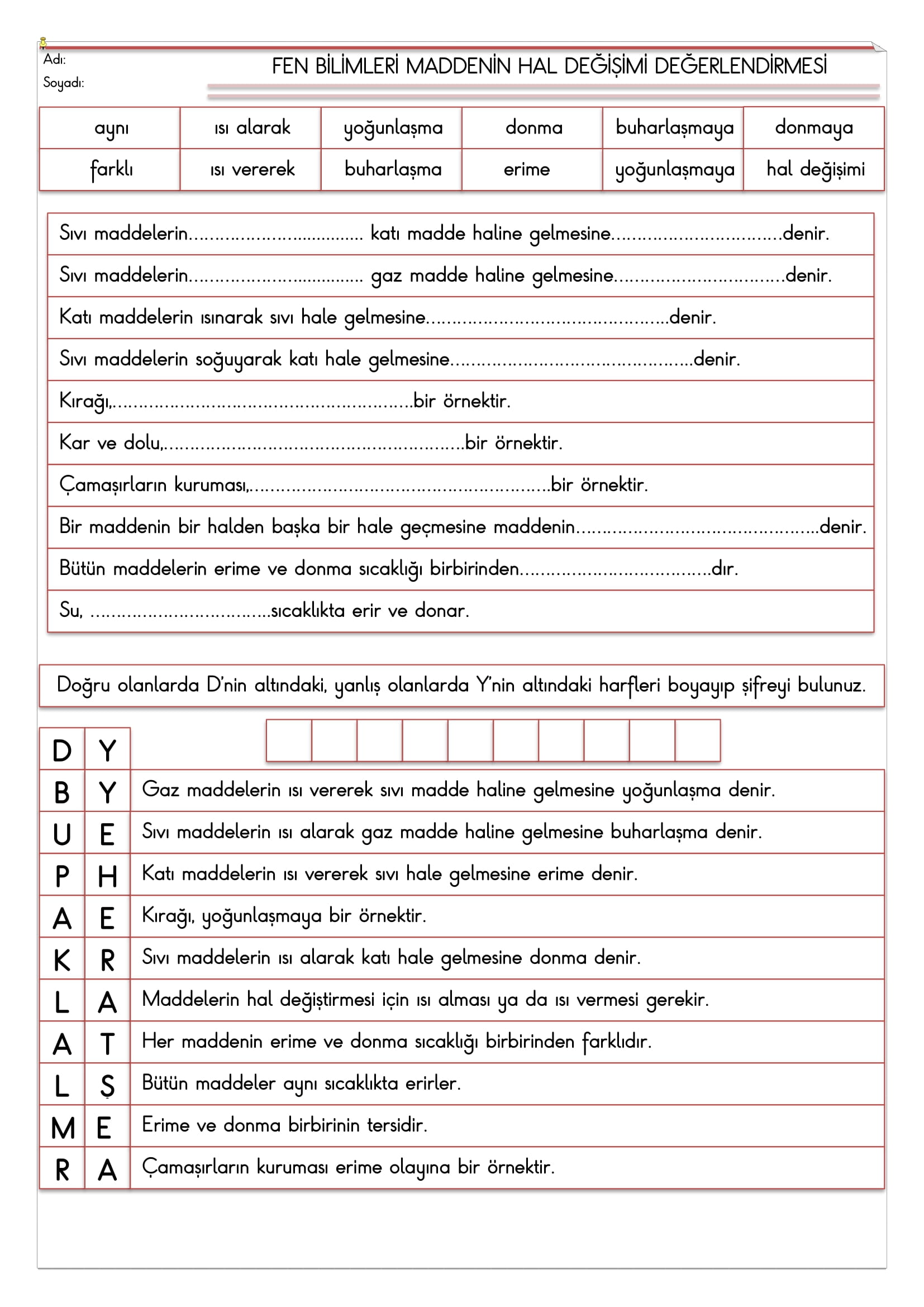 4.Sınıf Fen Bilimleri Maddenin Hal Değişimi Değerlendirmesi