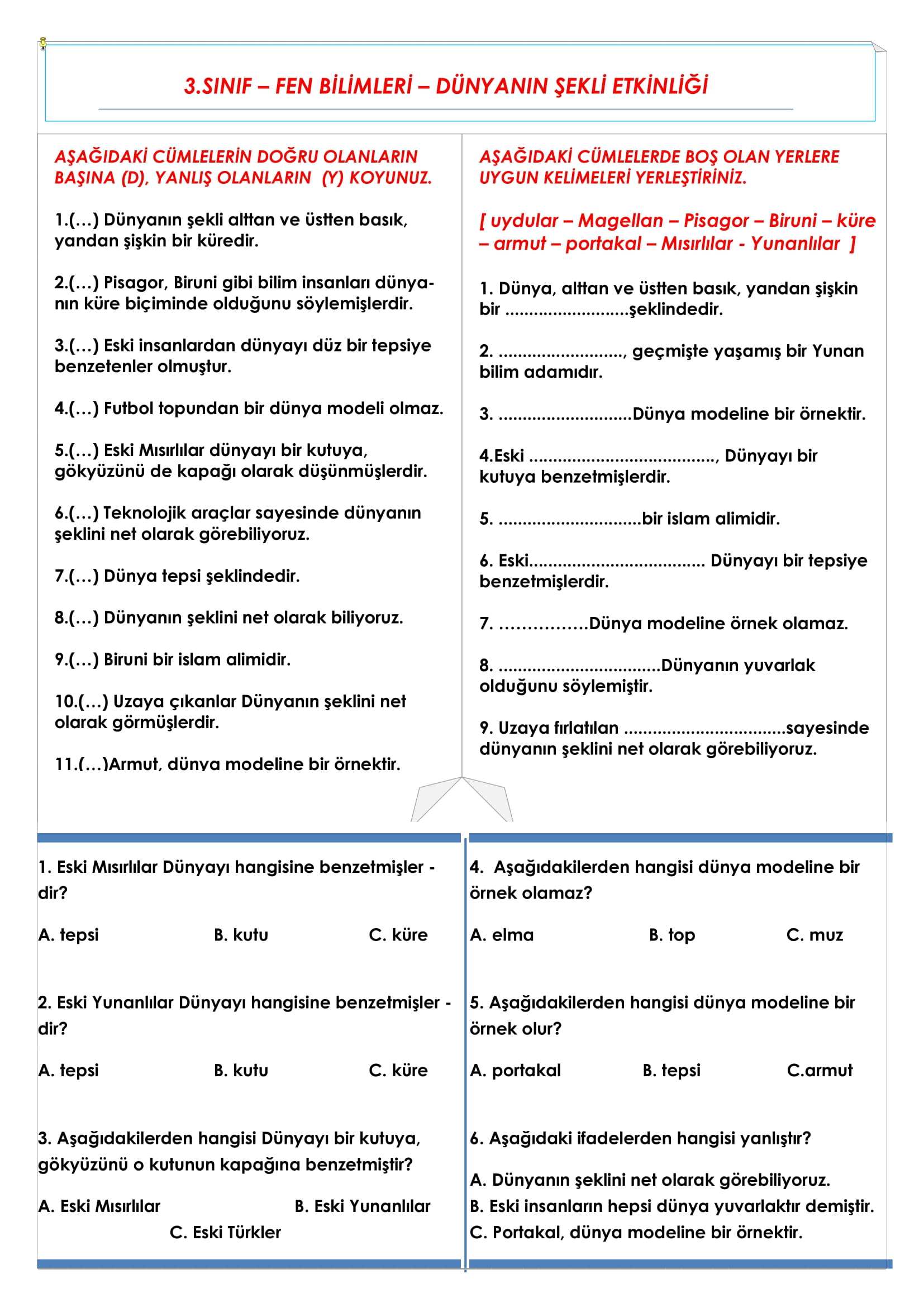 3.Sınıf - Fen Bilimleri - Dünyanın Şekli Etkinliği