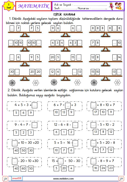 2. Sınıf Matematik Eşitlik Kavramı Etkinliği 2