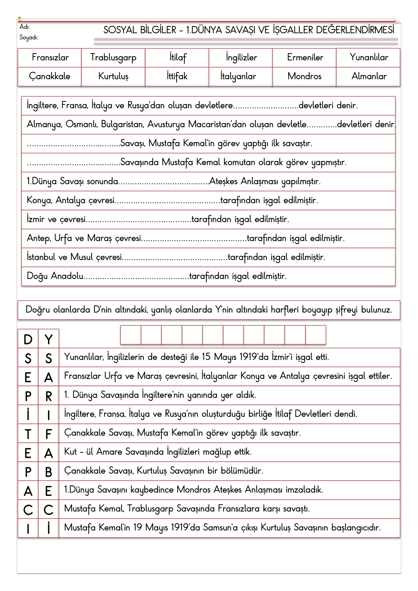 4.Sınıf - Sosyal Bilgiler Kurtuluş Destanı Değerlendirmesi-1