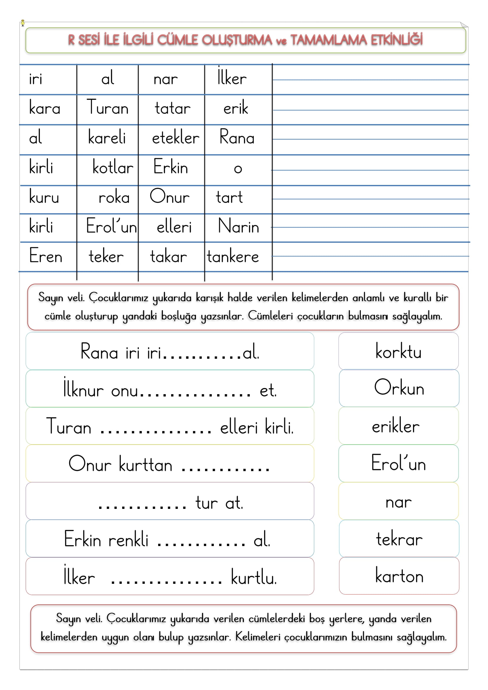 1.Sınıf R Sesi Cümle Oluşturma ve Tamamlama Etkinliği