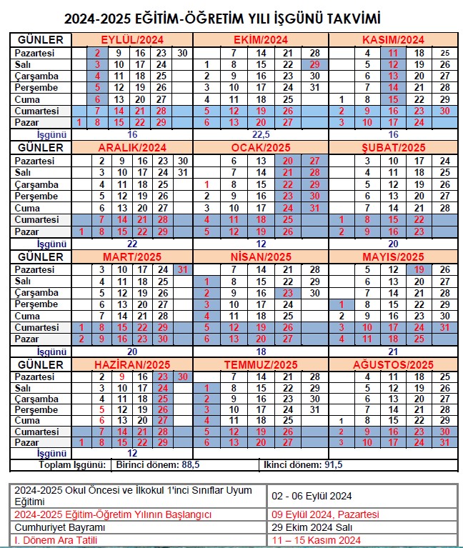 2024-2025 Eğitim Öğretim Yılı Çalışma Takvimi