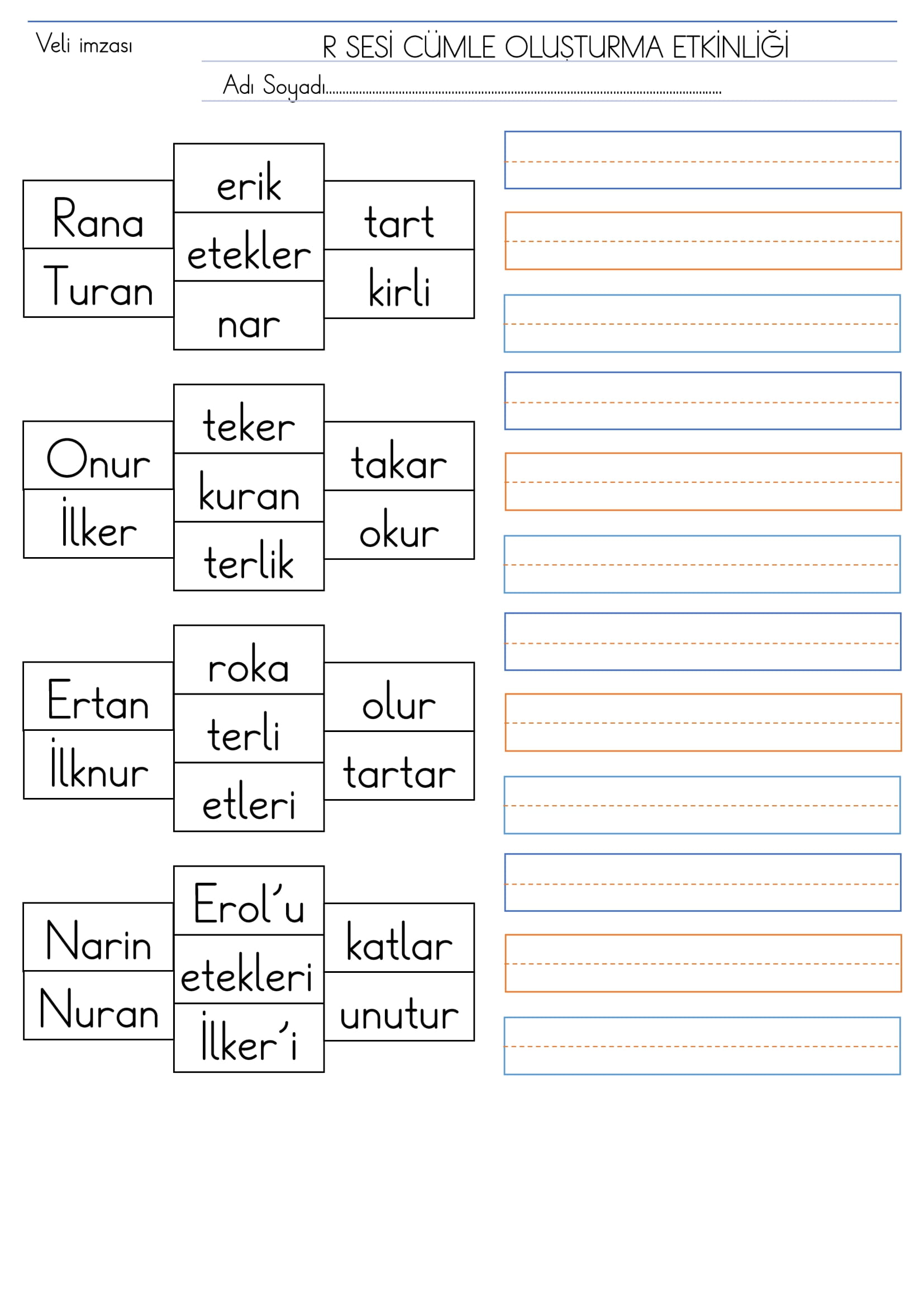 1. Sınıf R Sesi Cümle Oluşturma Etkinliği