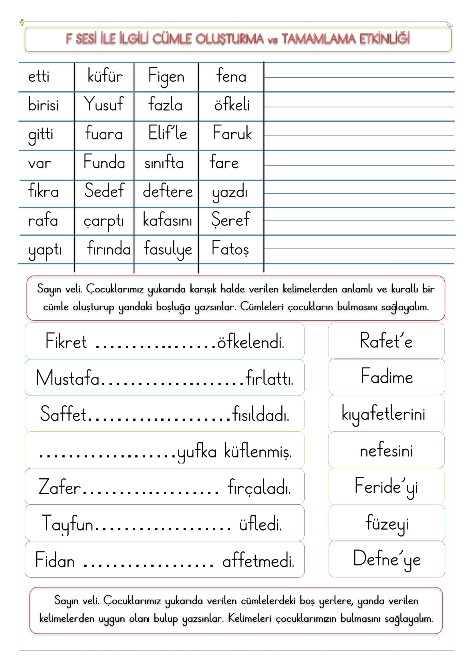 1.Sınıf İlk Okuma Yazma F Sesi Cümle Oluşturma ve Tamamlama Etkinliği