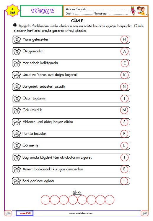 4. Sınıf Türkçe Cümle Bilgisi Etkinliği