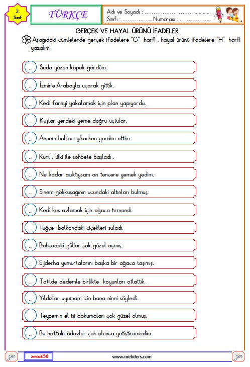 3. Sınıf Türkçe Gerçek ve Hayal Ürünü İfadeler Etkinliği 2