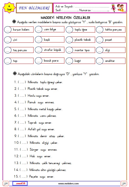 4. Sınıf Fen Bilimleri Maddeyi Niteleyen Özellikler Etkinliği