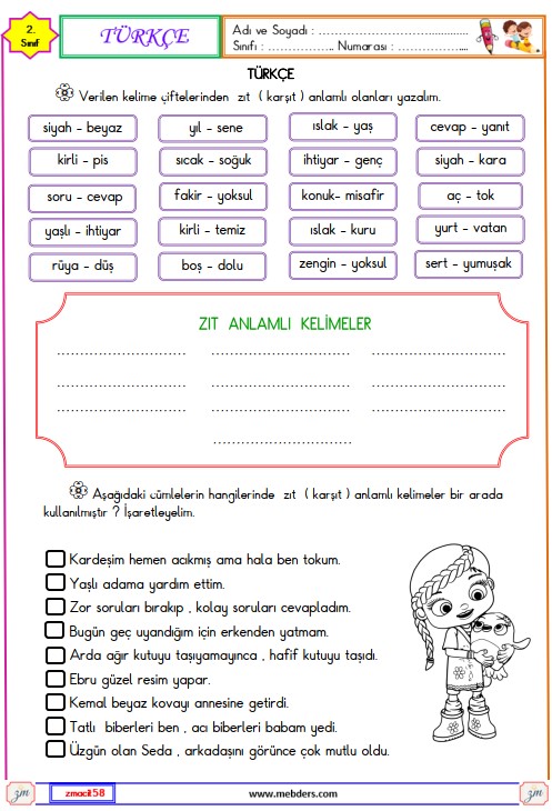 2. Sınıf Türkçe Zıt Anlamlı Kelimeler Etkinliği 1