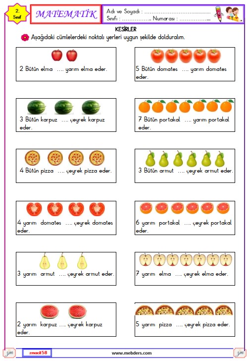 2. Sınıf Matematik Kesirler Etkinliği 7