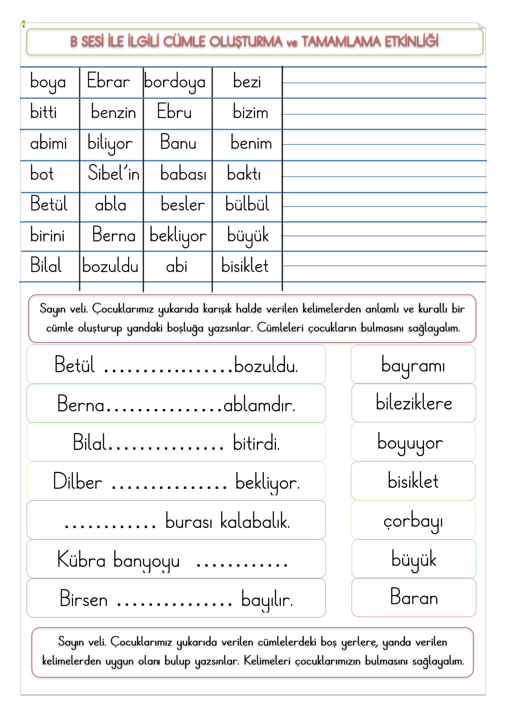 1.Sınıf İlk Okuma Yazma B Sesi Cümle Oluşturma ve Tamamlama Etkinliği