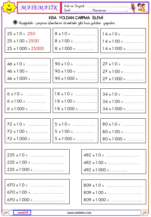 4. Sınıf Matematik Çarpma İşlemi Etkinliği 6