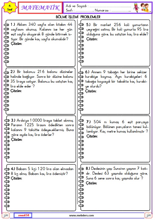 4. Sınıf Matematik  Bölme İşlemi Problemler Etkinliği 2