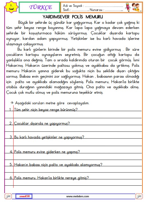 1. Sınıf Türkçe Okuma ve Anlama Etkinliği 17 (Kar Yağıyor)