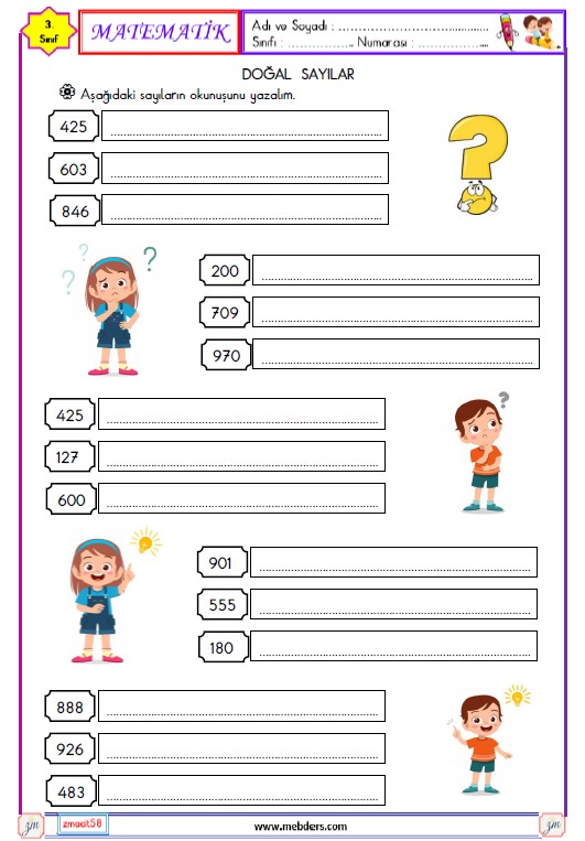 3. Sınıf Matematik Doğal Sayıları Okuma ve Yazma Etkinliği 5