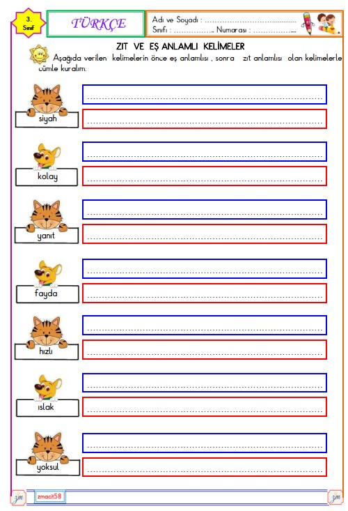 3. Sınıf Türkçe Zıt Anlamlı ve Eş Anlamlı Kelimeler Etkinliği 5