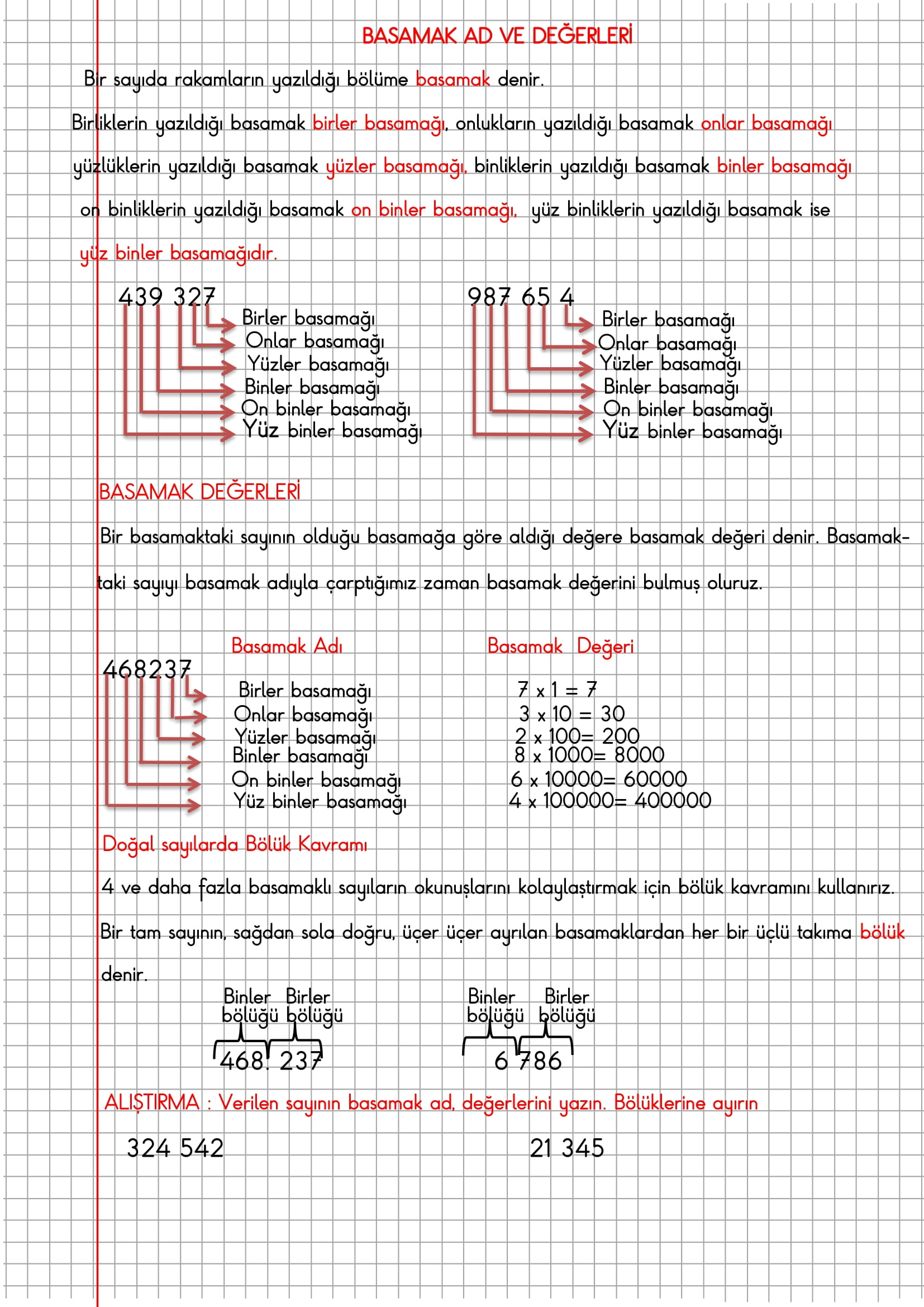 4.Sınıf Matematik Kareli Defterde 4.5.6 Basamaklı Sayıların Basamak Ad ve Değerleri Konu Anlatımı